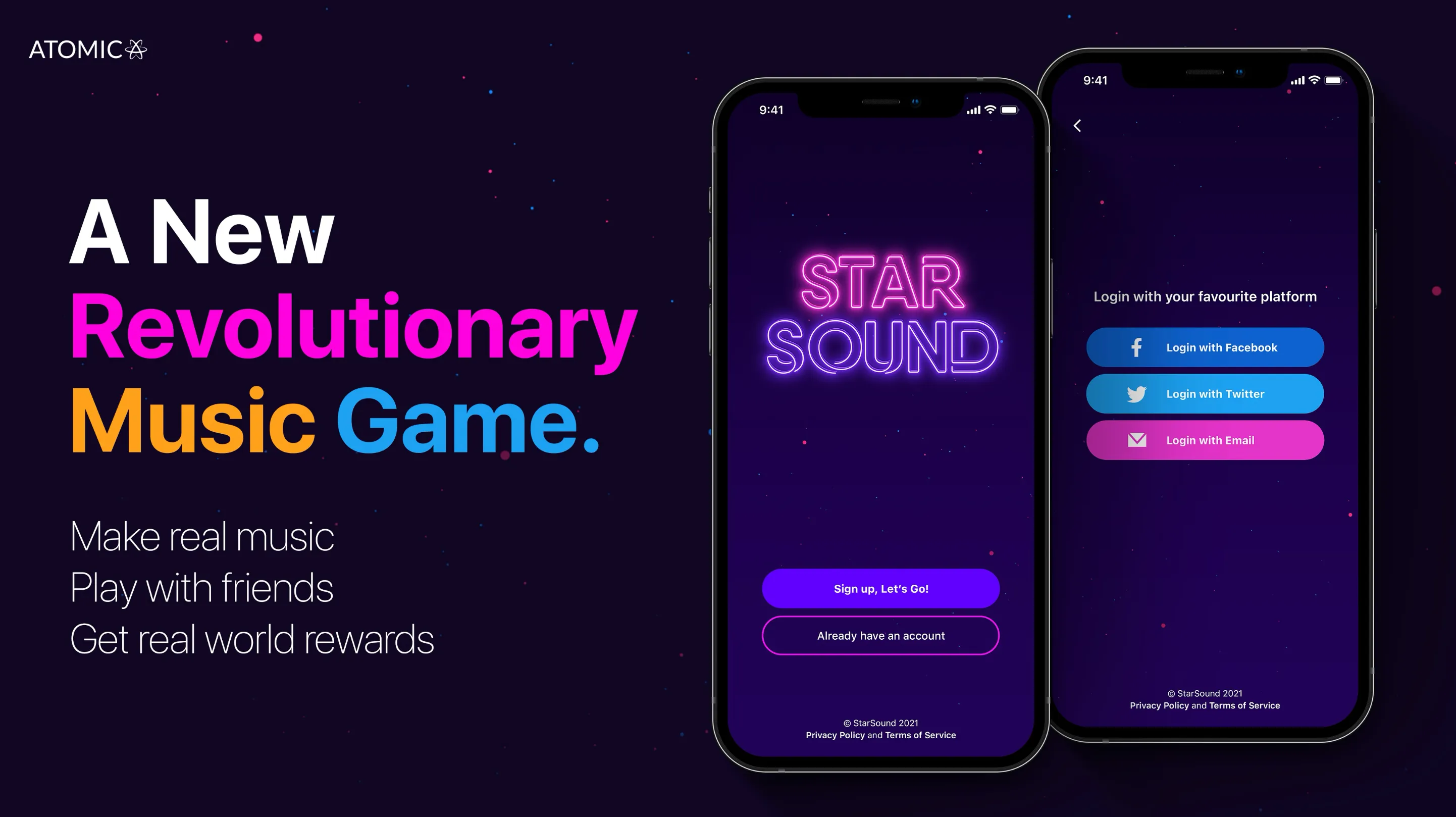 Atomic Audio Starsound launch screens on two phones: a new music game for making real music with friends