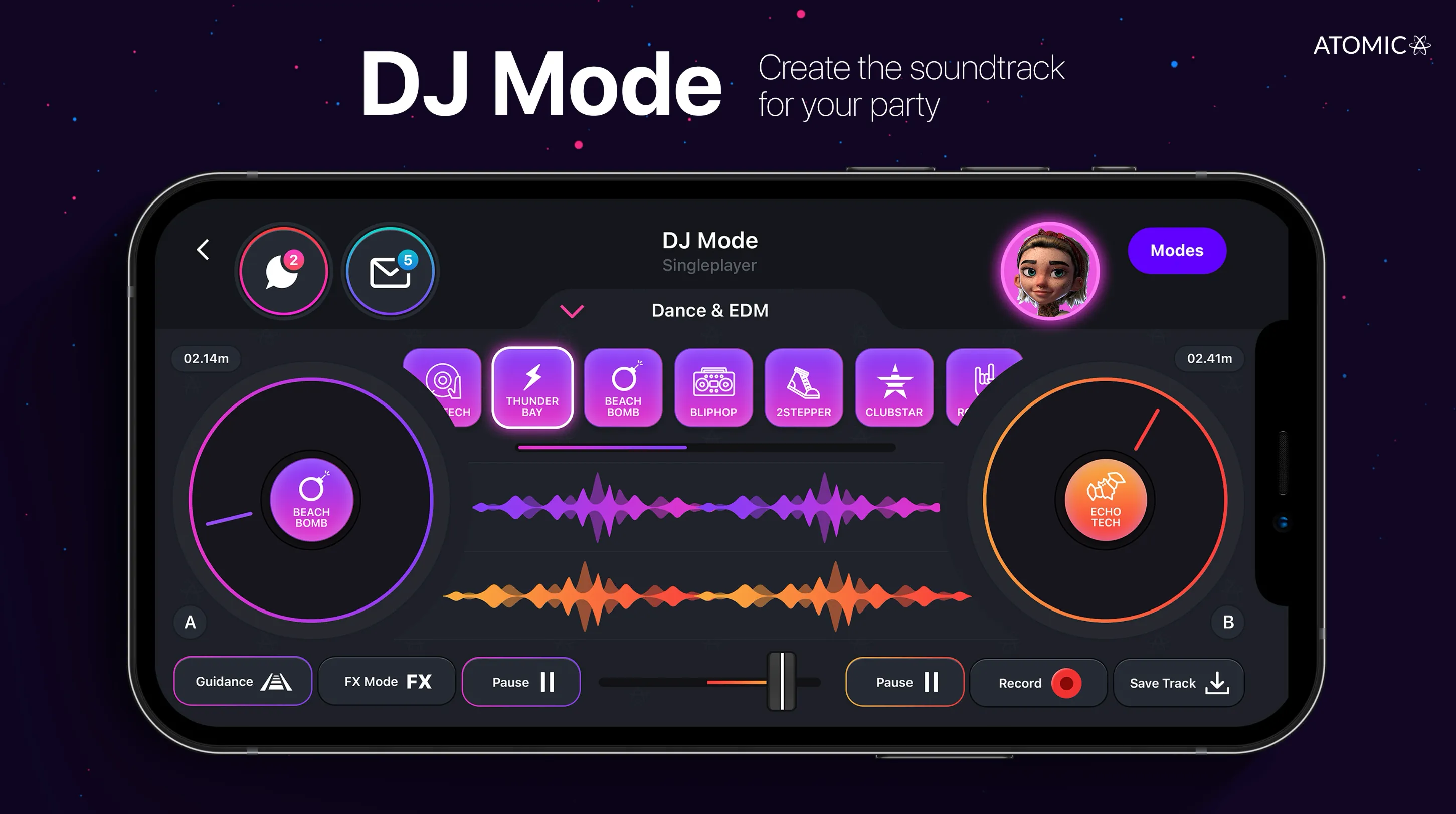 Starsound DJ Mode with two decks, effect pads, and waveforms on a phone in landscape