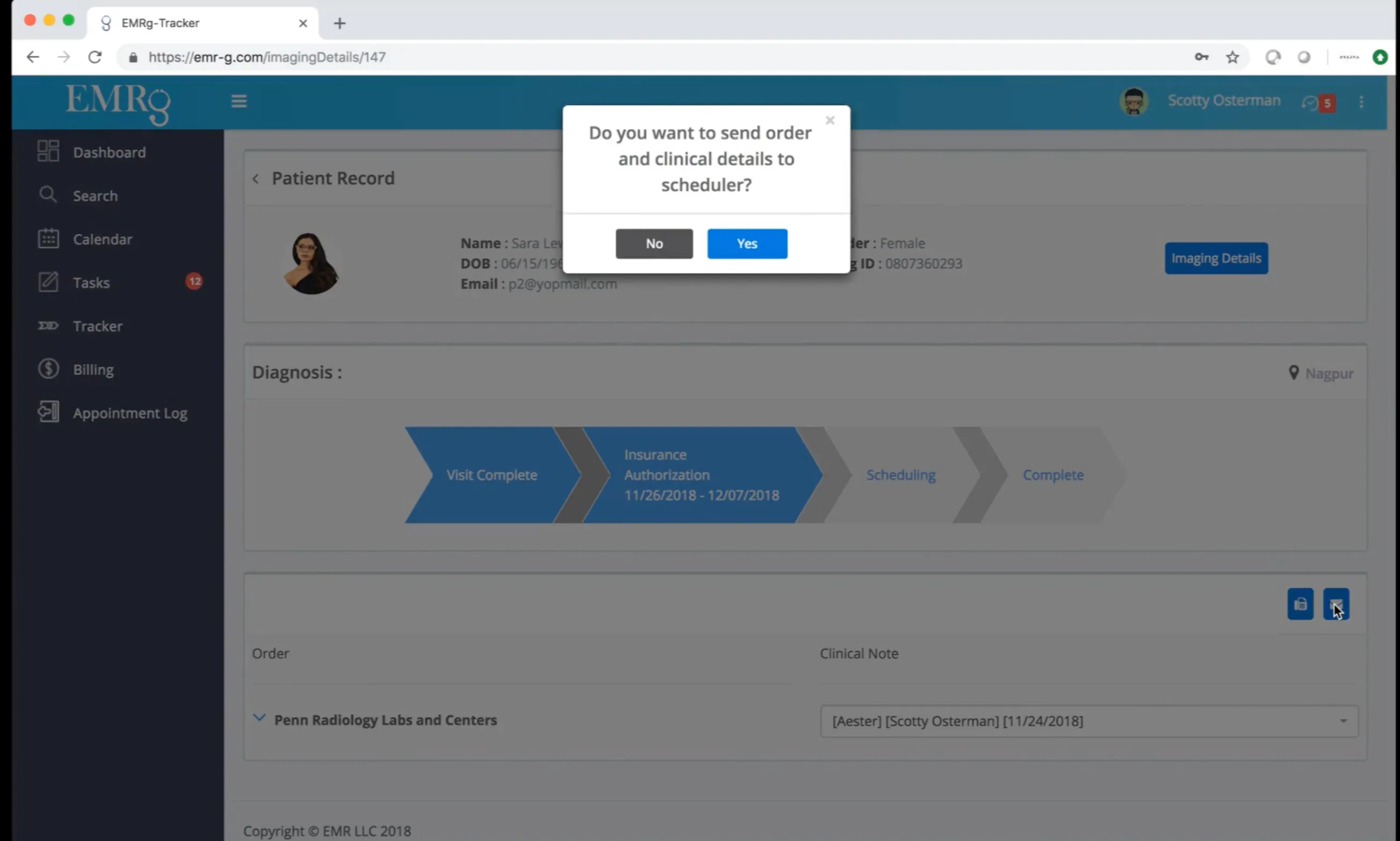 EMRg imaging tracker following a demo patient order from visit through insurance authorization to scheduling
